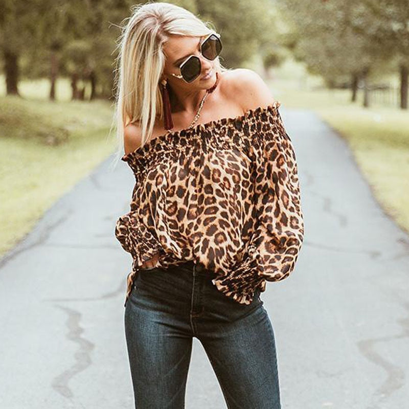 Leopard print off shoulder blouse